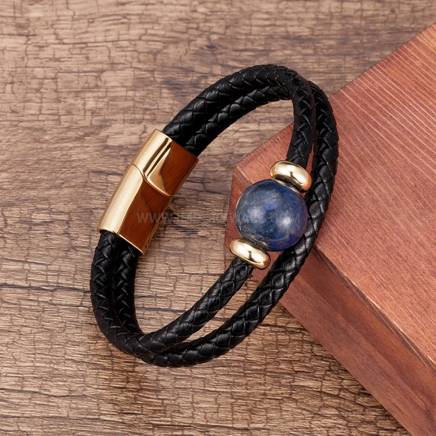 Double Braided Leather Round Stone Bracelet Stainless Steel Clasp