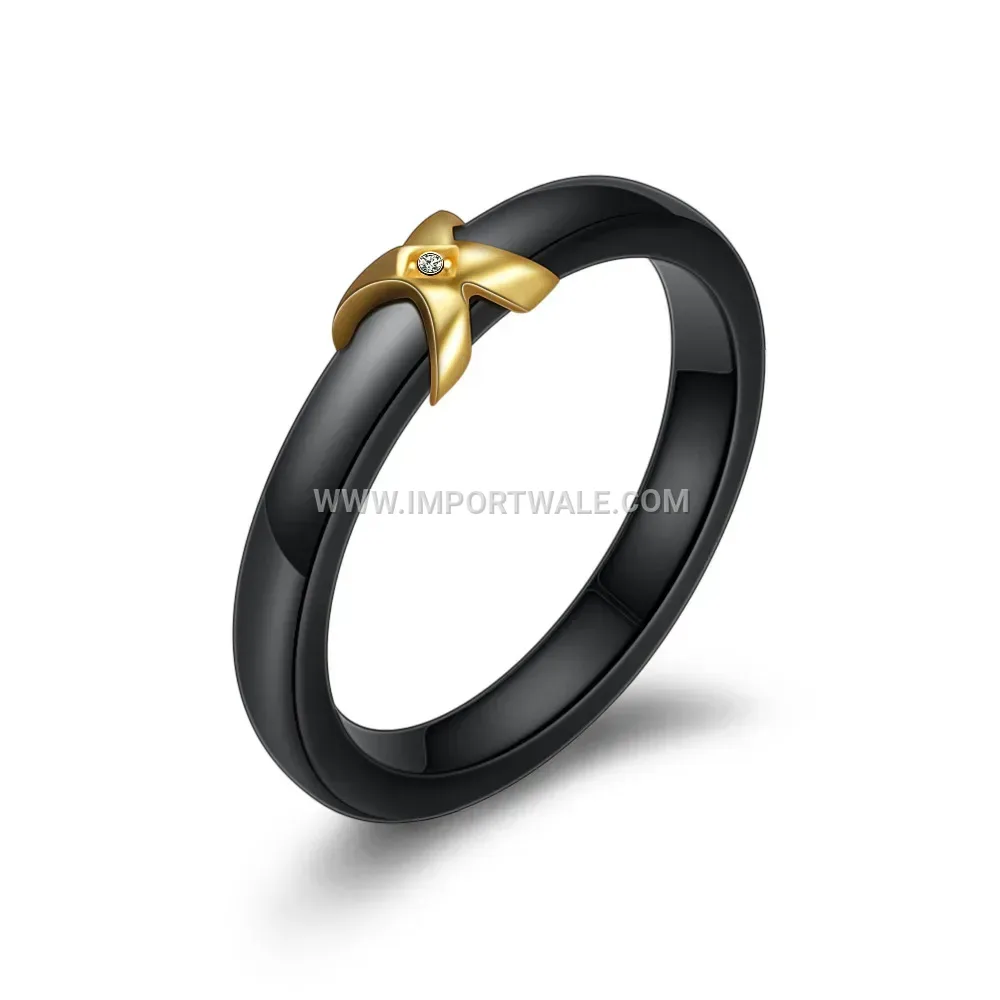 Elegant X-Cross Polished Ceramic Rhinestone Accent Ring