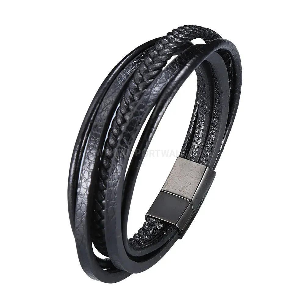 Multi Layer Braided Leather Stainless Steel Men Bracelet