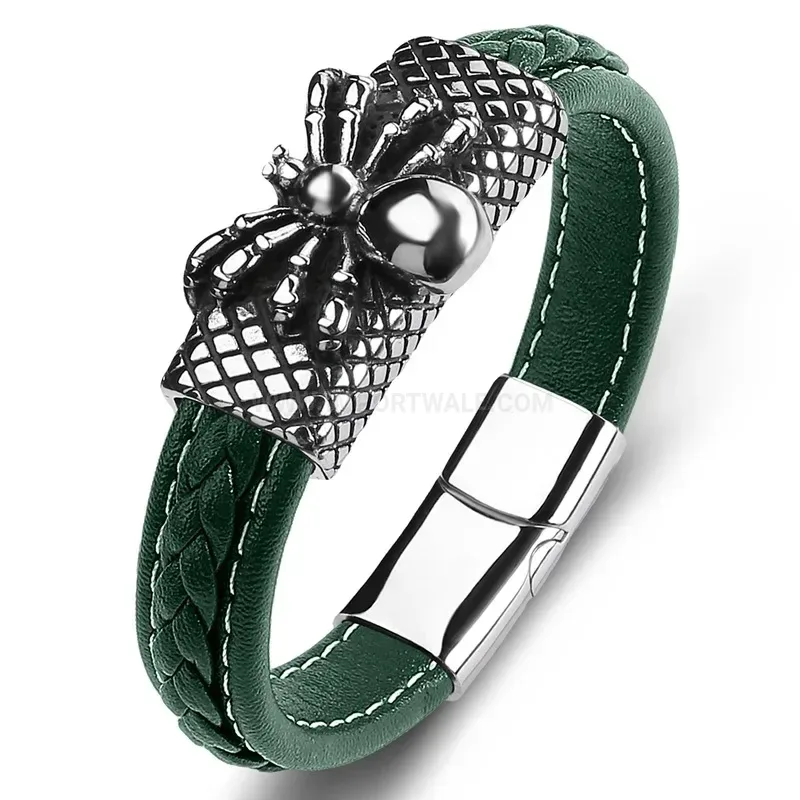 Designer Spider Motif Stainless Steel and Braided Leather Men Bracelet