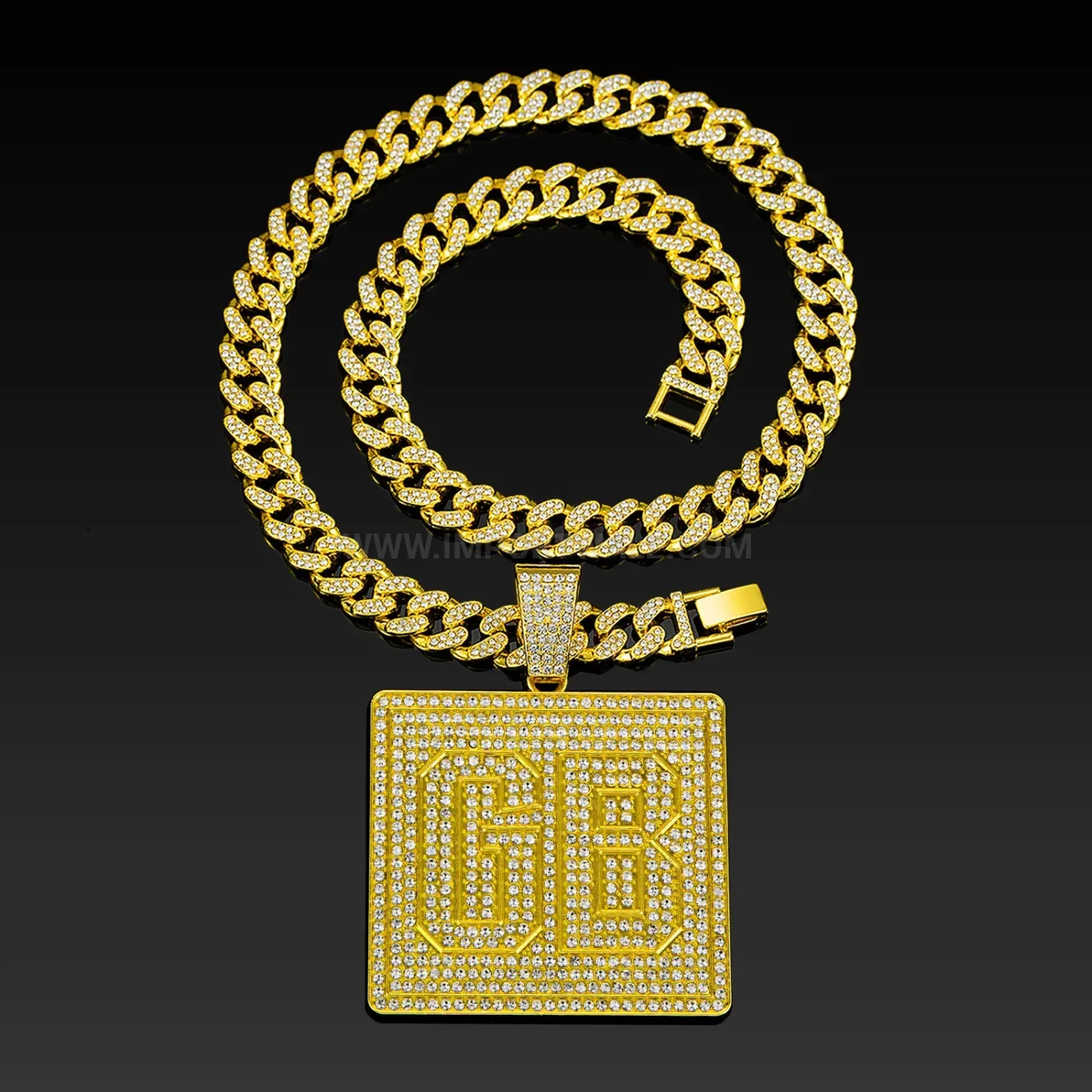 Premium Oversized Square Plaque Rhinestone GB Letter Pendant Necklace