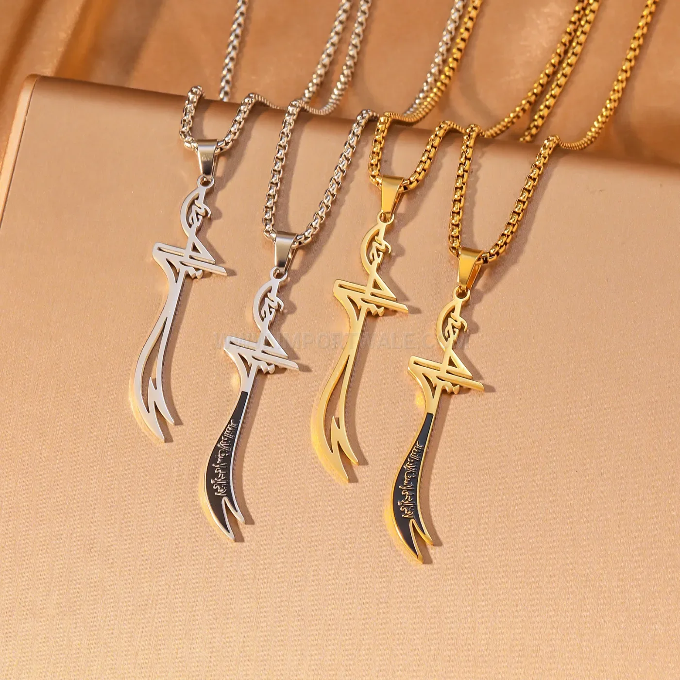 316L Stainless Steel Zulfiqar Scimitar Pendant Necklace with Zircon