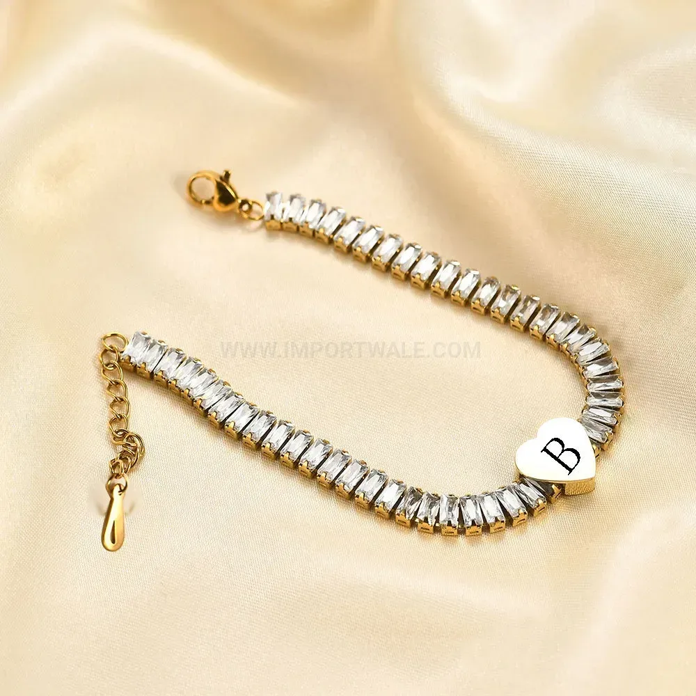 Cubic Zirconia Heart Alphabet Initial Stainless Steel Bracelet