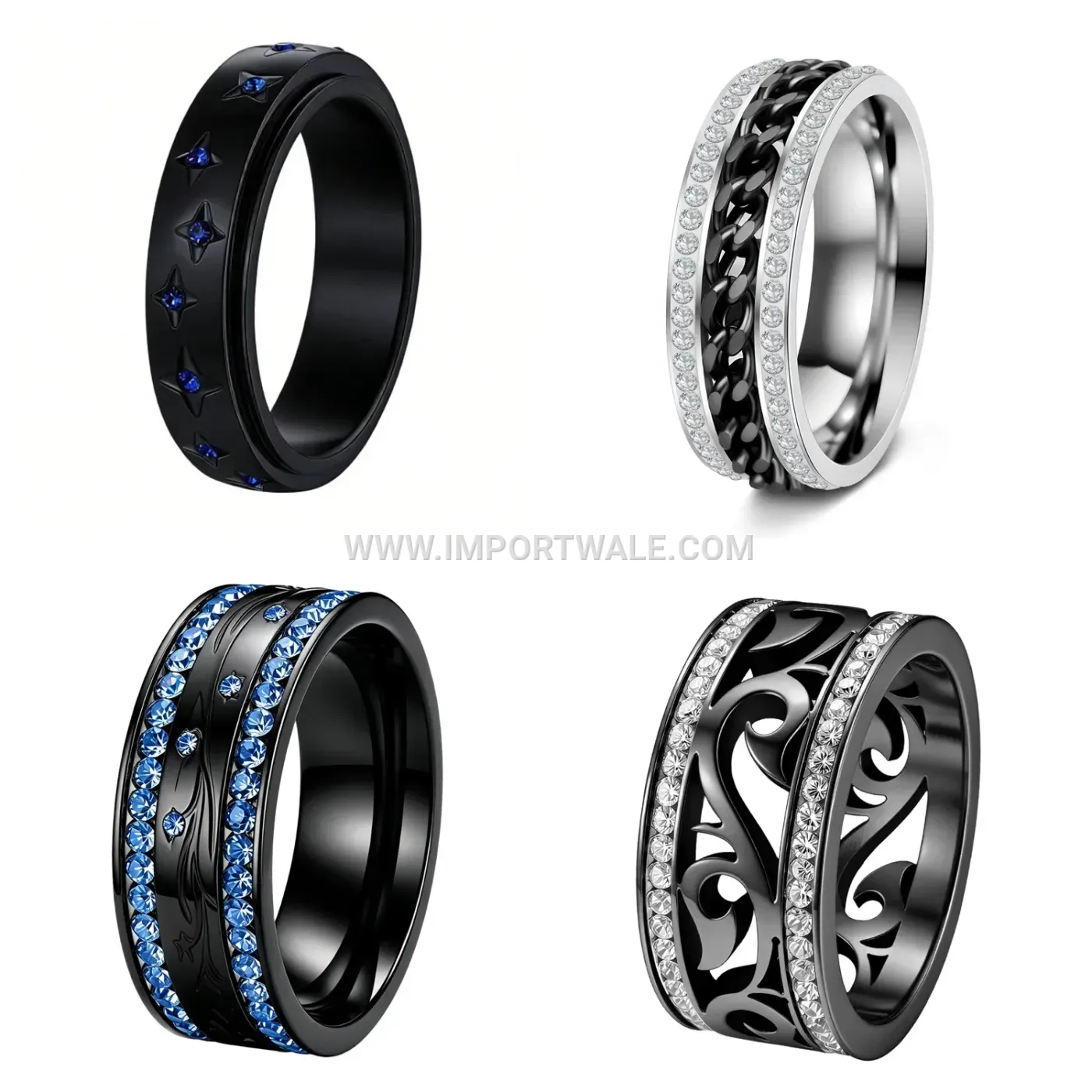 Double-Row Rhinestone Rotating Chain Band Ring