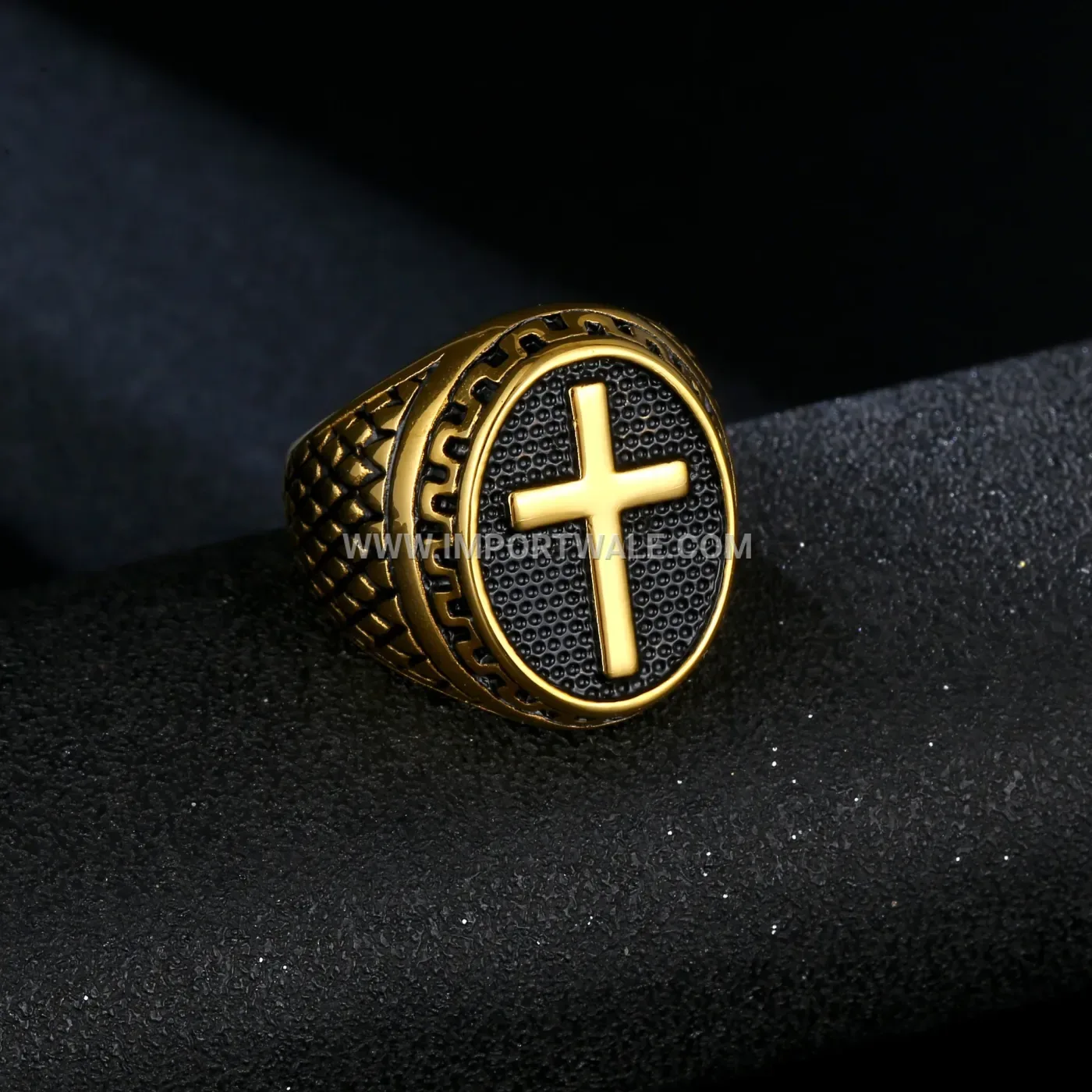 Gothic Cross Stainless Steel Signet Ring with Shell Accent