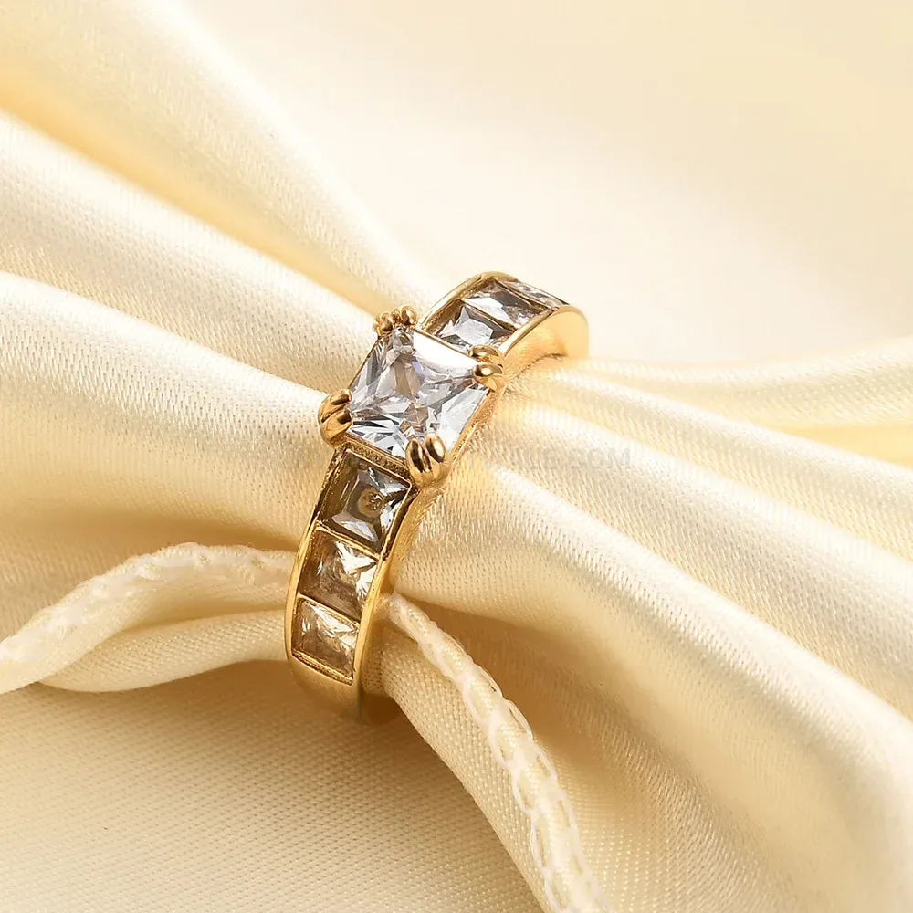 Trendy Gold Plated Stainless Steel Square Cubic Zirconia Ring