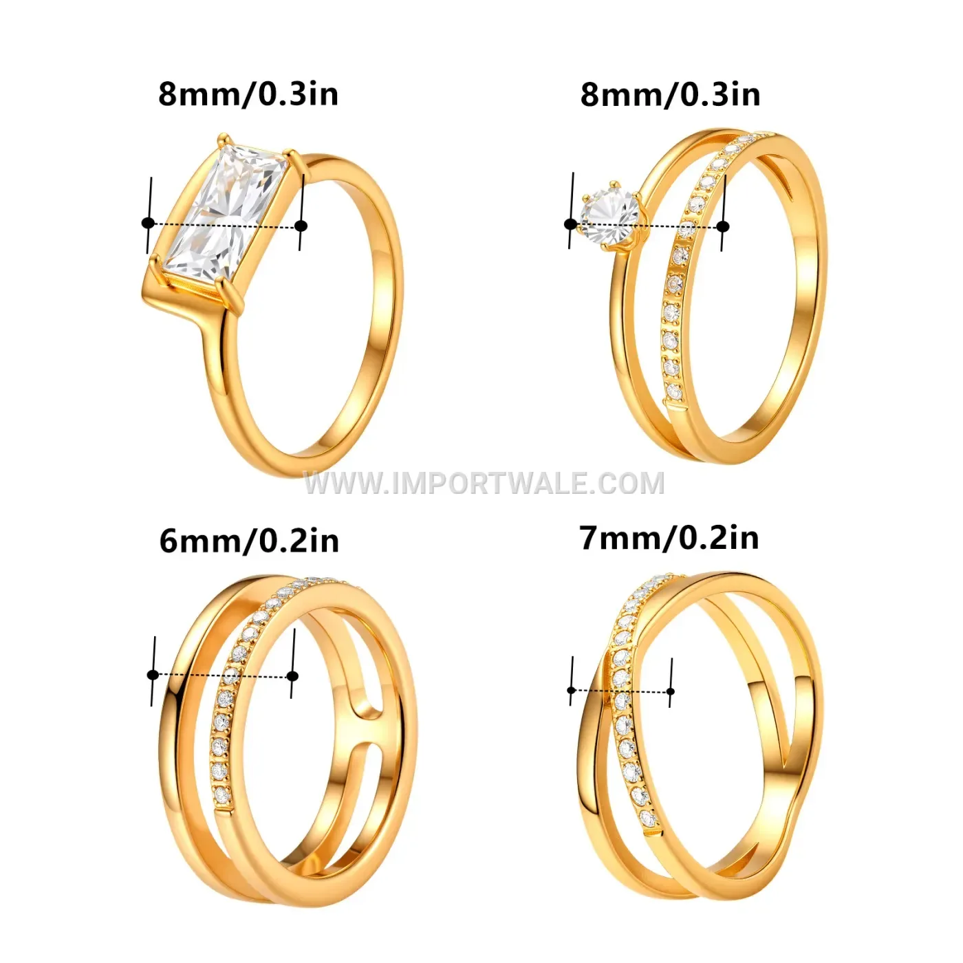 Geometric Cubic Zirconia Stackable Stainless Steel Ring Set