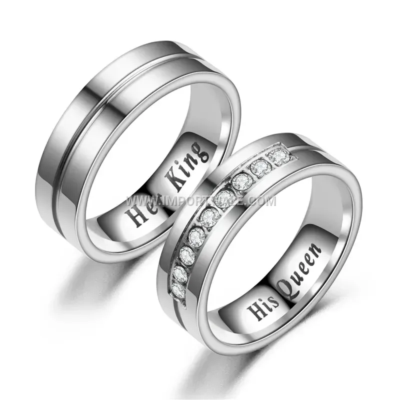 Crown Motif Stainless Steel Crystal Accent Couple Ring