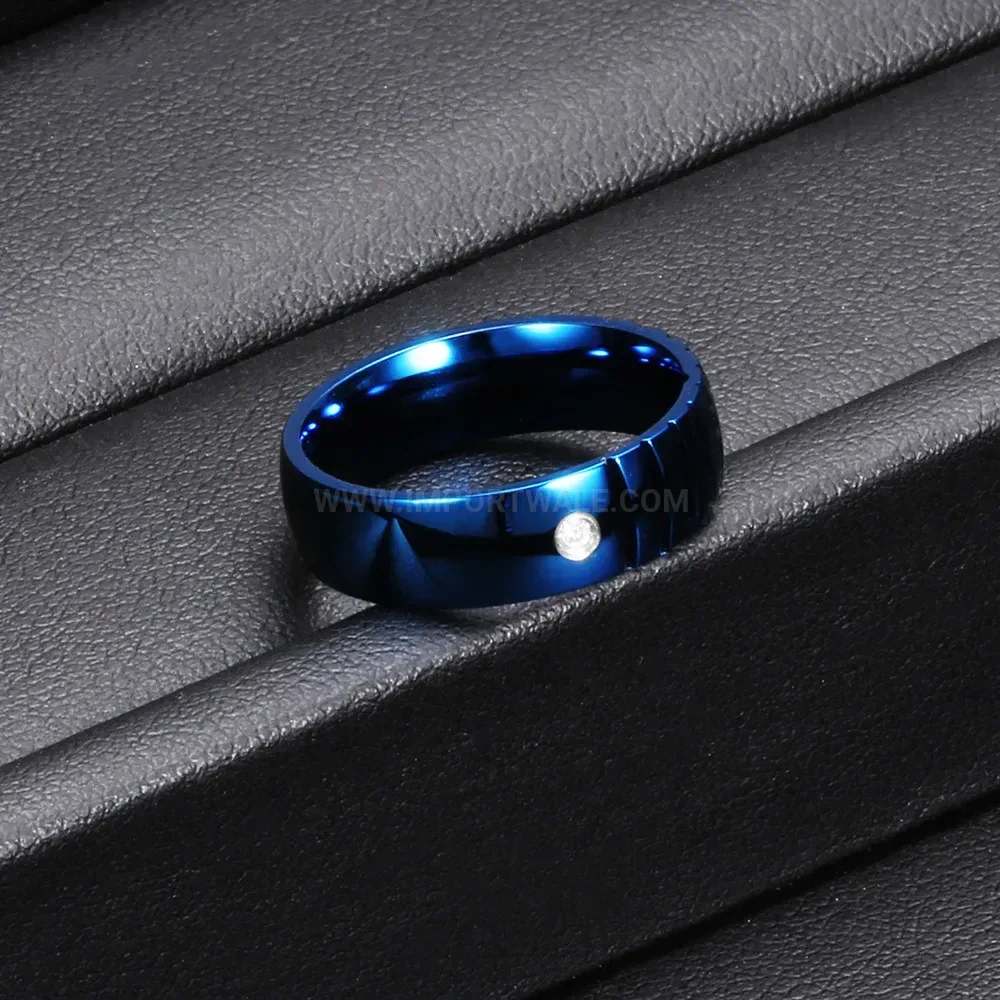 Classic Blue Grooved Stainless Steel Crystal Inlay Band Ring
