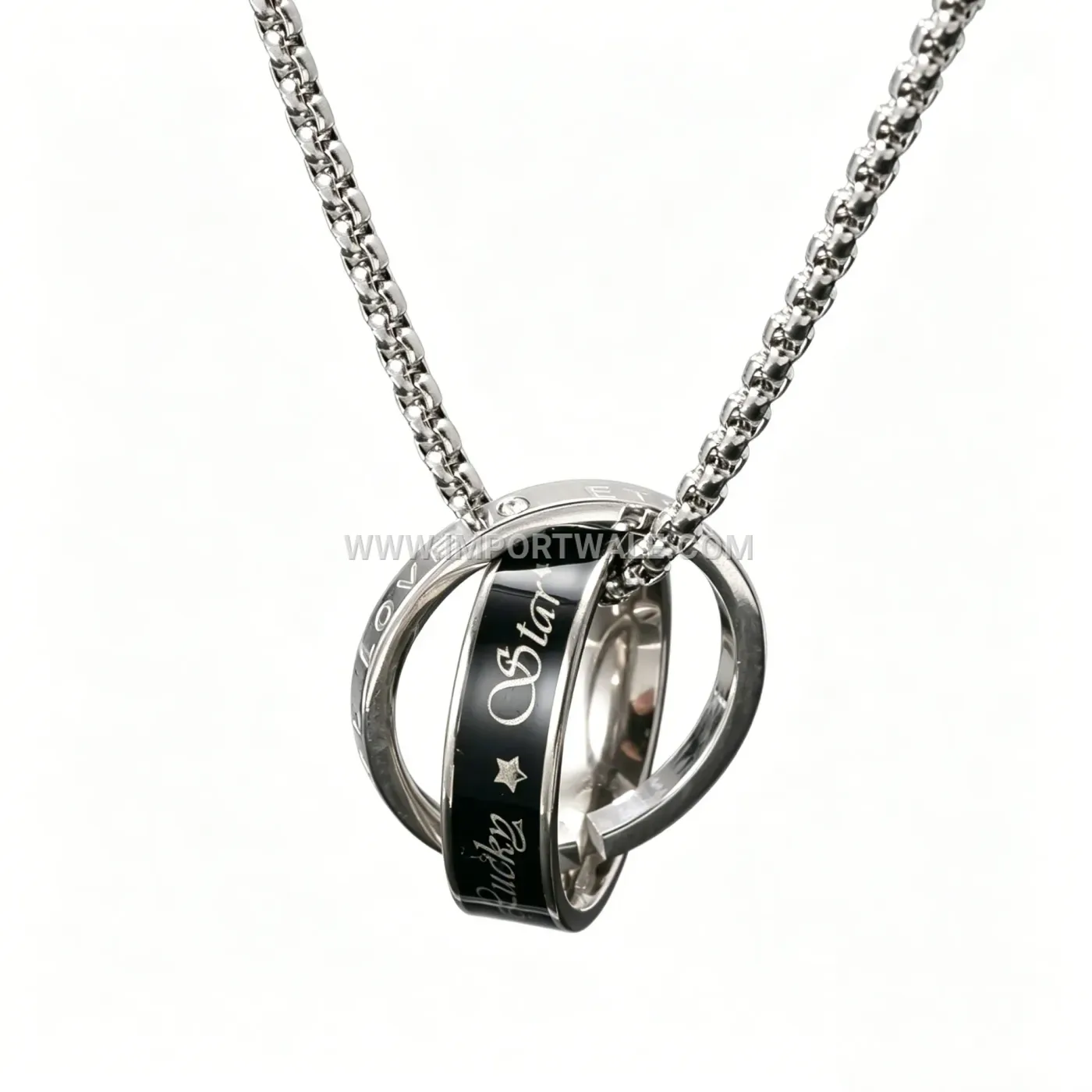 Men Double Ring Stainless Steel Pendant Necklace