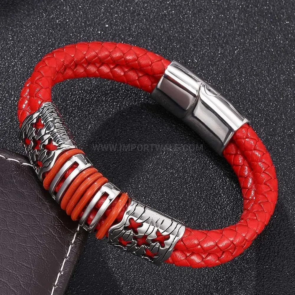 Dual Cord Leather Wristband with Stainless Steel Star Clasp