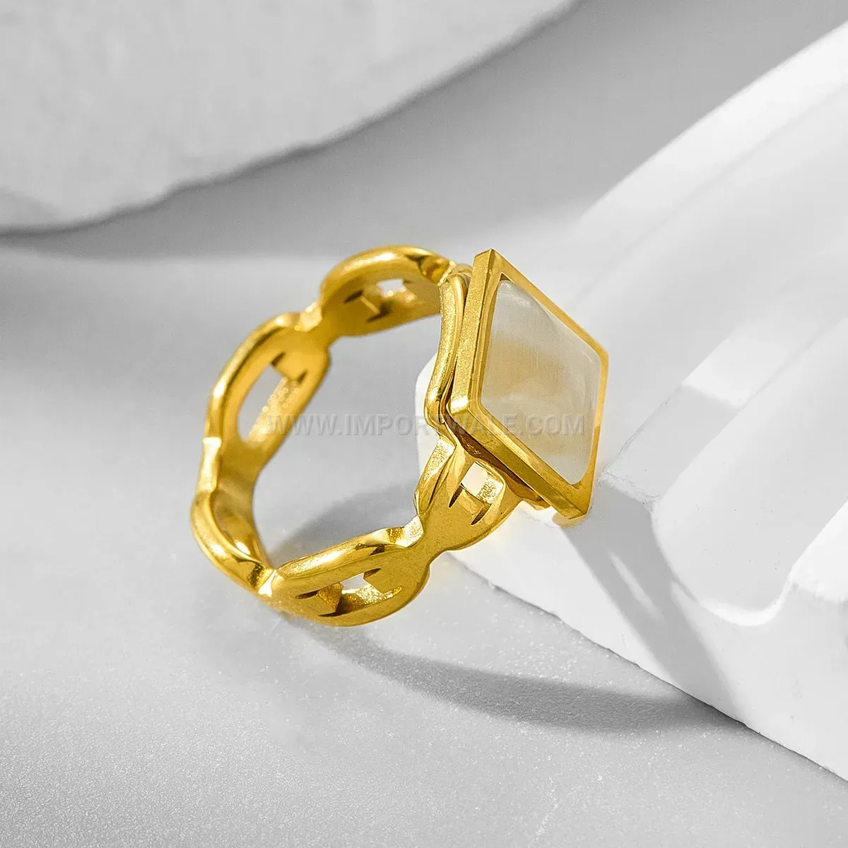 Geometric Cutout Stainless Steel Gold Plated Zircon Band Ring