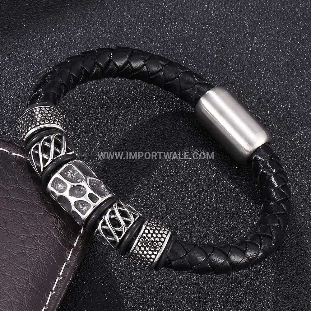 Geometric Stainless Steel Leather Cord Men Bracelet