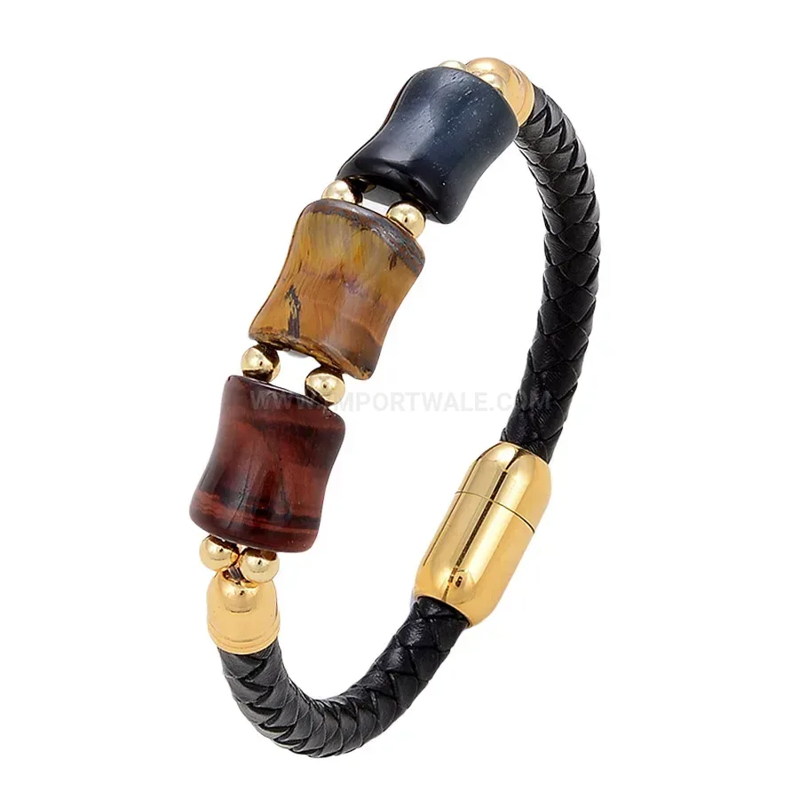 Braided Leather Wristband with Tiger Eye Stone and Stainless Steel Clasp