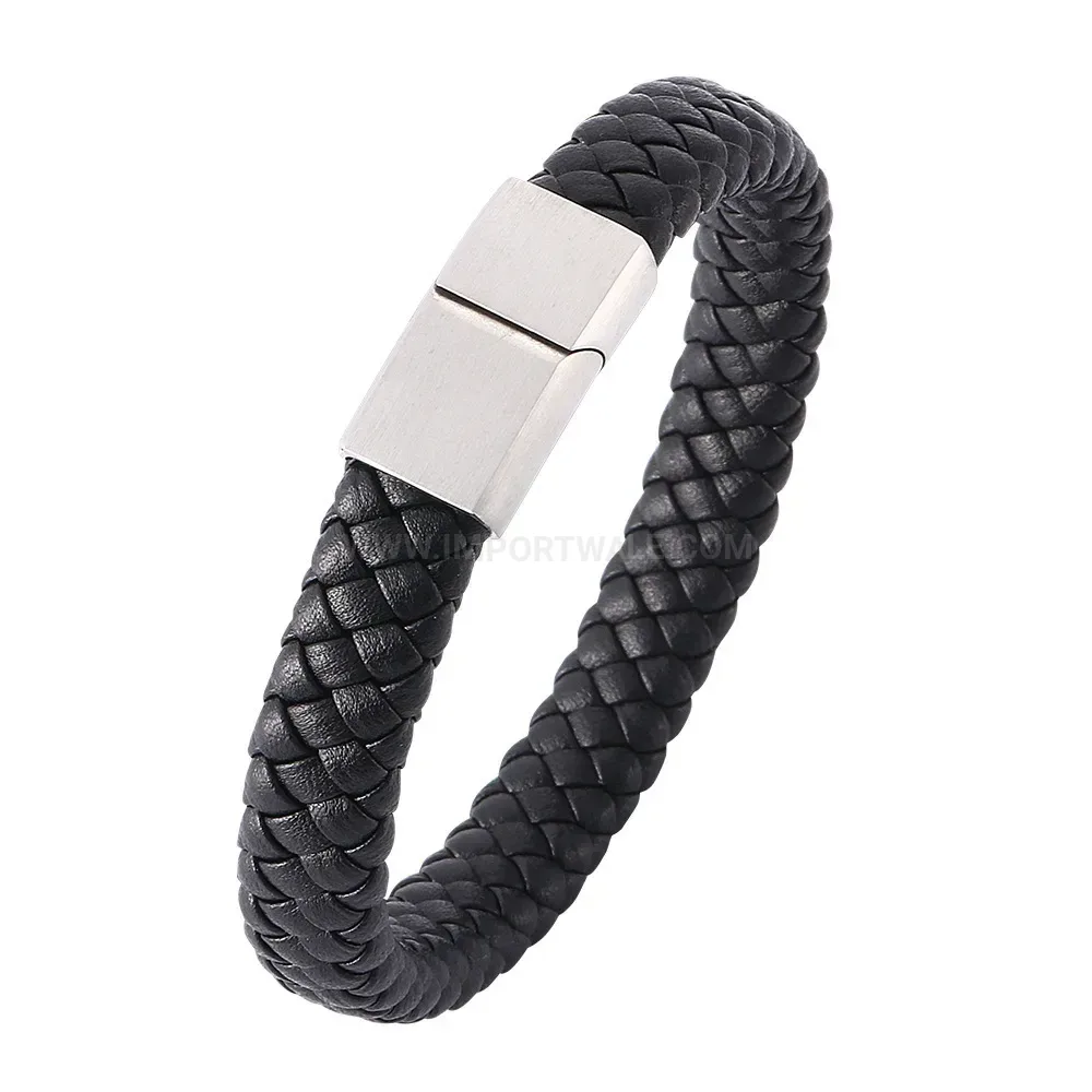 Braided Leather Stainless Steel Magnetic Clasp Men Bracelet