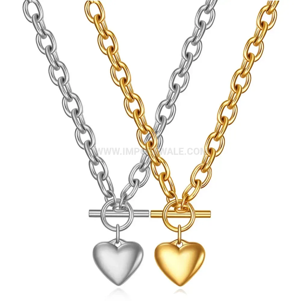 Polished Smooth Heart Pendant Stainless Steel Toggle Clasp Necklace