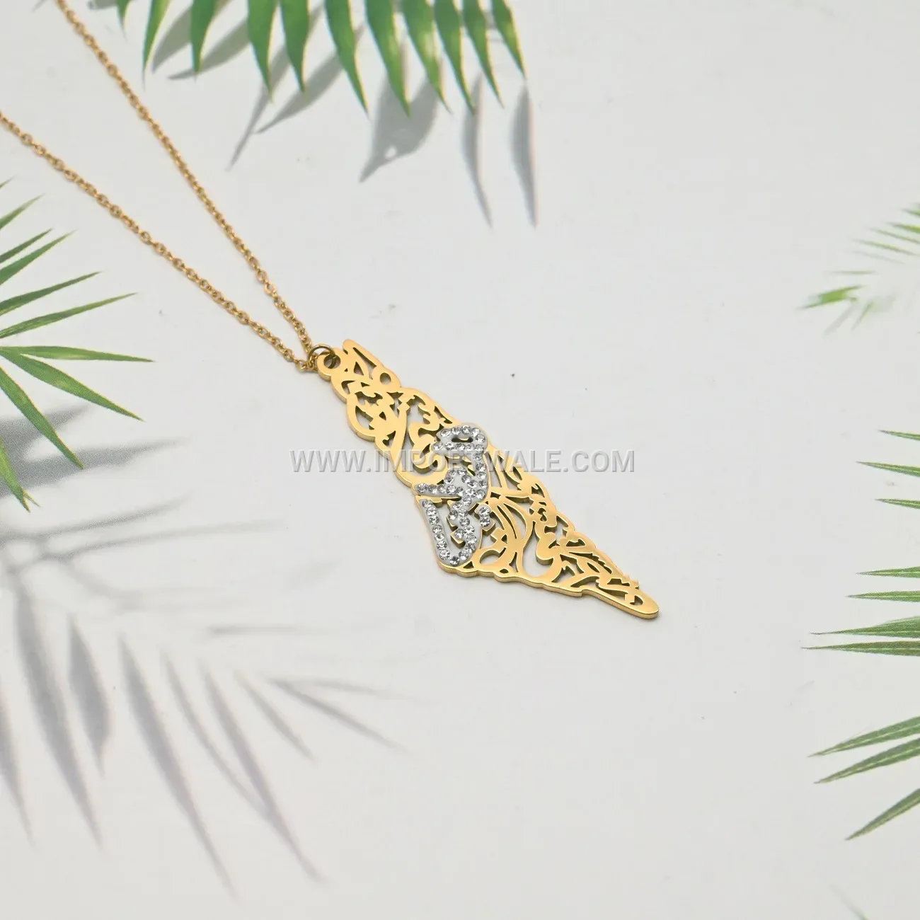 Zircon Palestine Map Arabic Calligraphy Stainless Steel Necklace