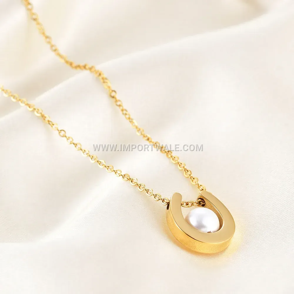 Horseshoe Horseshoe Pearl Accent Stainless Steel Pendant Necklace