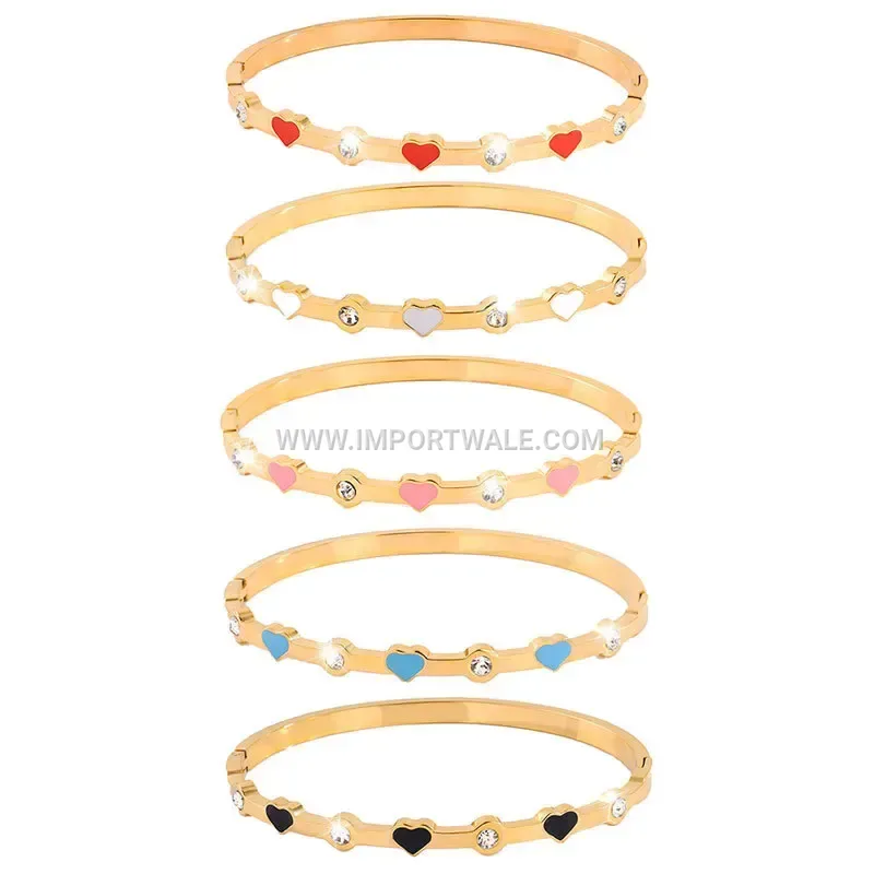 Enameled Heart Zircon 18K Gold Plated Stainless Steel Bracelet