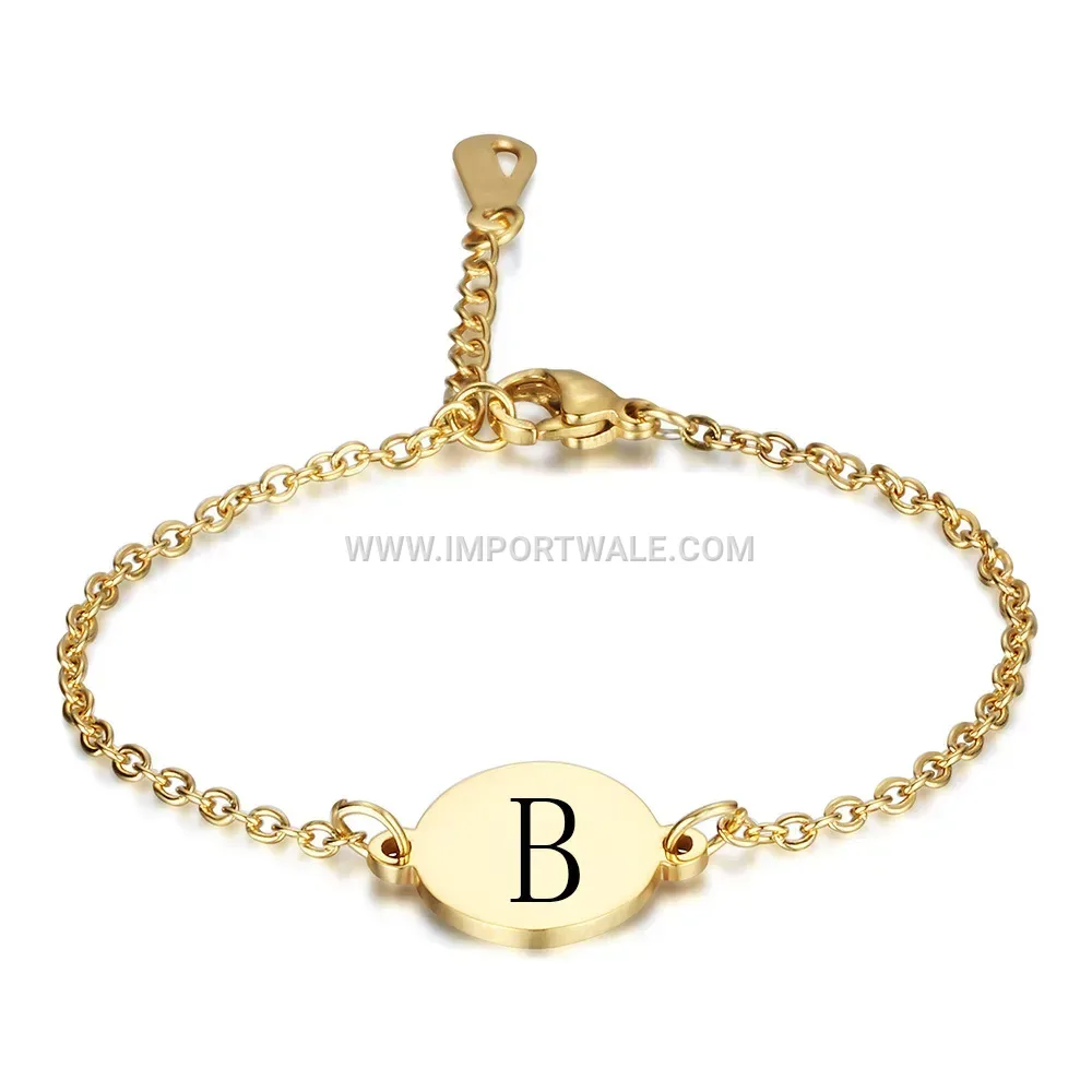 Stainless Steel Oval Engraved Initial Charm Bracelet