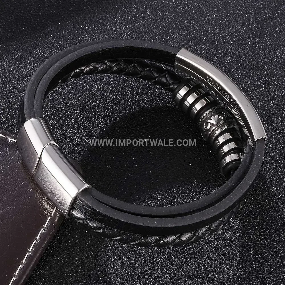 Multi Strand Woven Black Leather Wristband Stainless Steel Magnetic Buckle