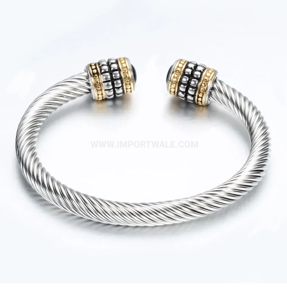 Modern Vintage Two-Tone Crystal Inlaid Cable Wire Stainless Steel Bangle