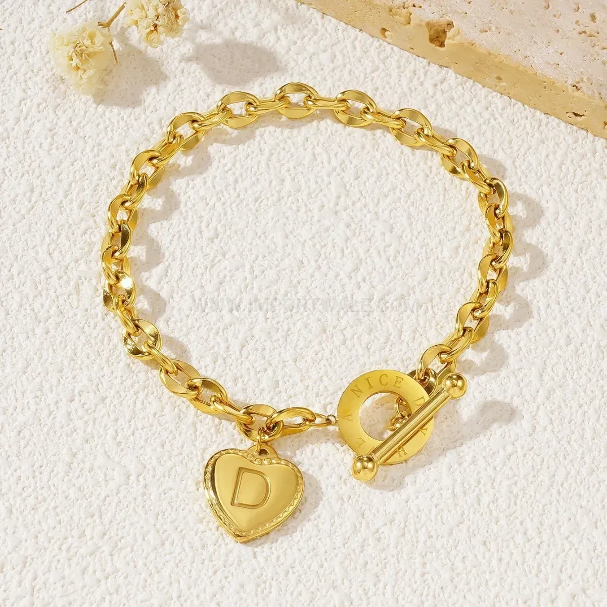 Elegant Heart Initial Charm Titanium Steel Toggle Bracelet
