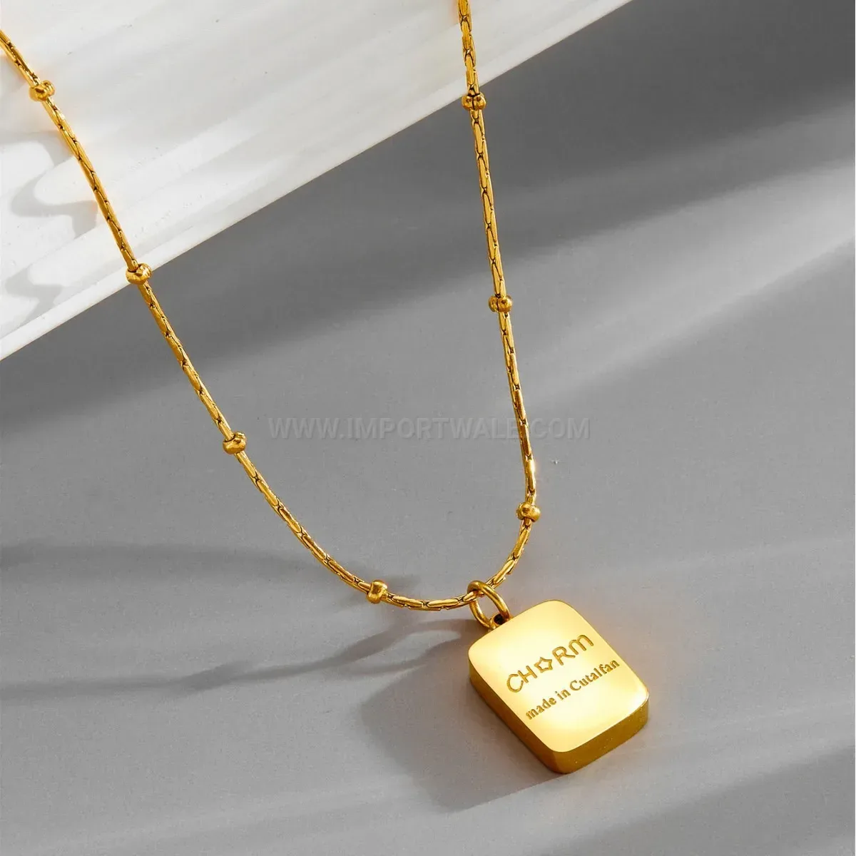 Designer Double Sided Letter Square Tag Beaded Titanium Steel Necklace