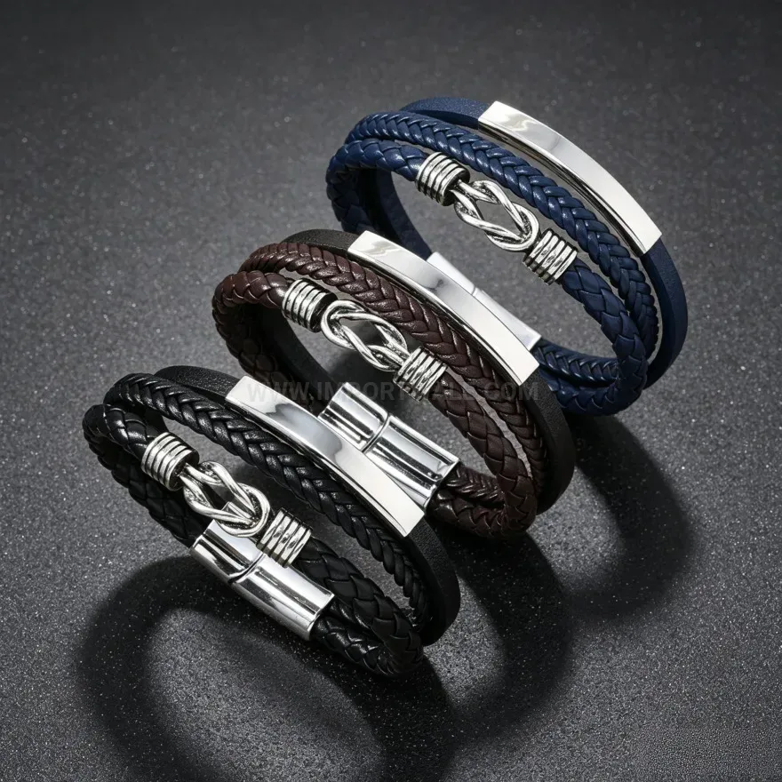Bold Vintage Multi Layer Knotted Leather Bracelet with Curved Metal Accent