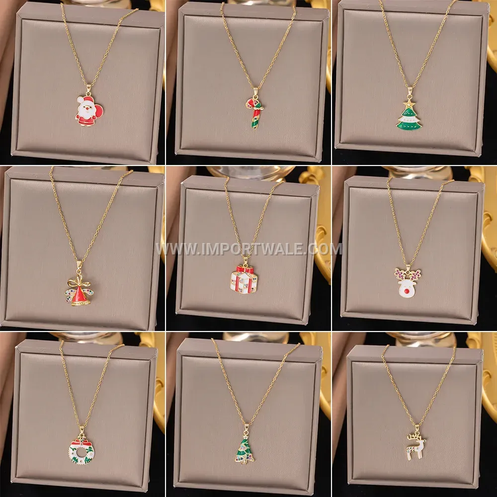 Festive Gold Plated Stainless Steel Christmas Pendant Link Chain Necklace
