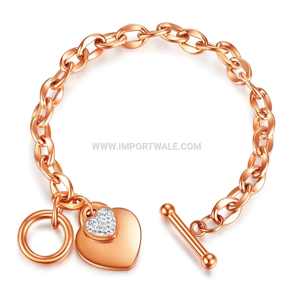 Rhinestone Heart Stainless Steel OT Toggle Chain Bracelet