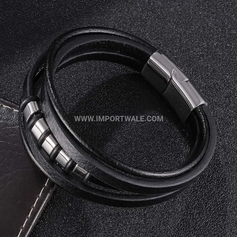 Multi Strand Braided Leather Stainless Steel Men Wristband
