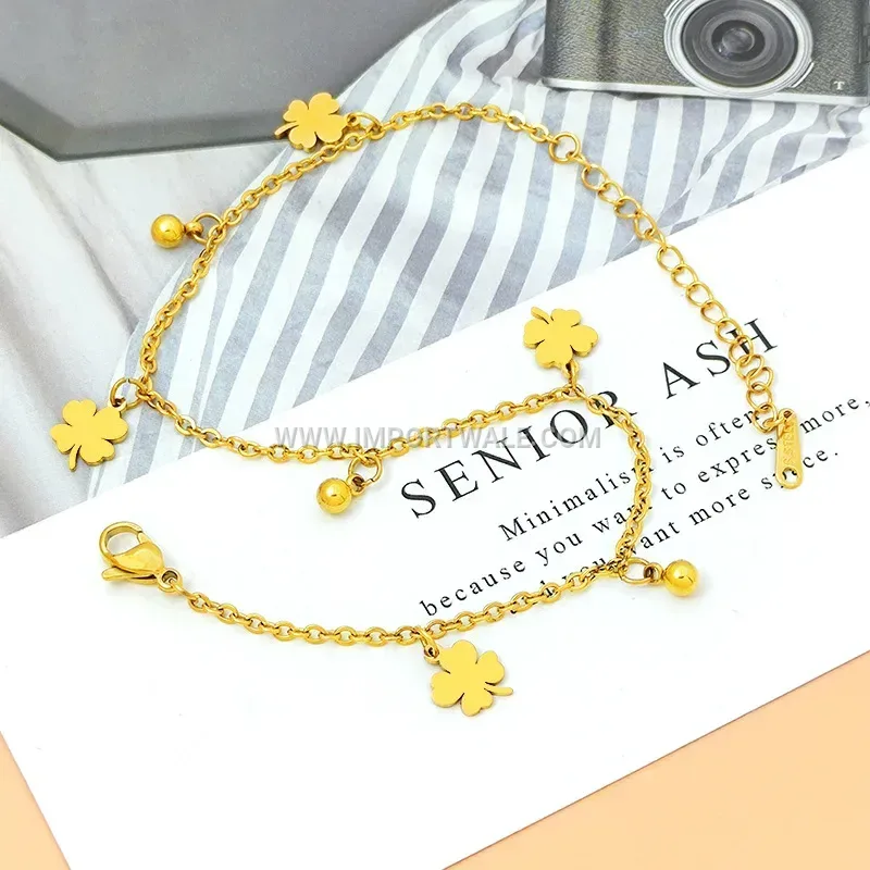 Four-Leaf Clover Gold Beaded Stainless Steel Anklet