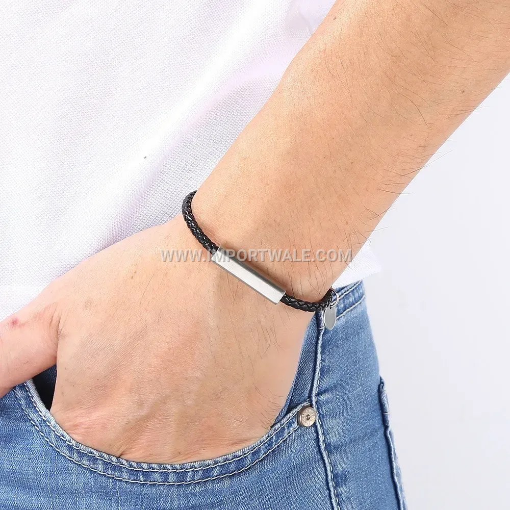 Woven Leather Cord Bracelet with Brushed Stainless Steel Accents