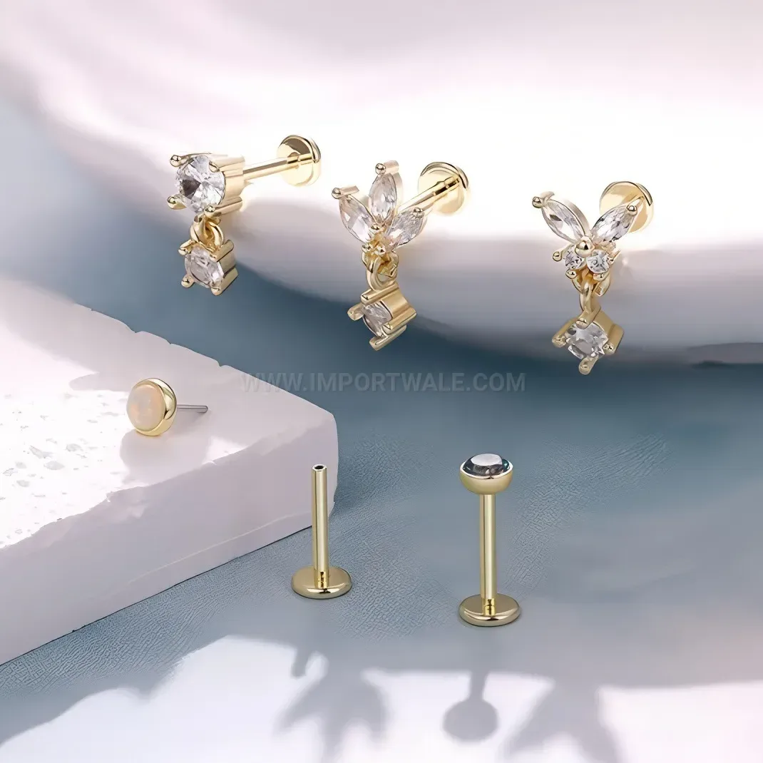 Designer Internally Threaded Stainless Steel Zirconia Dangle Piercing Stud