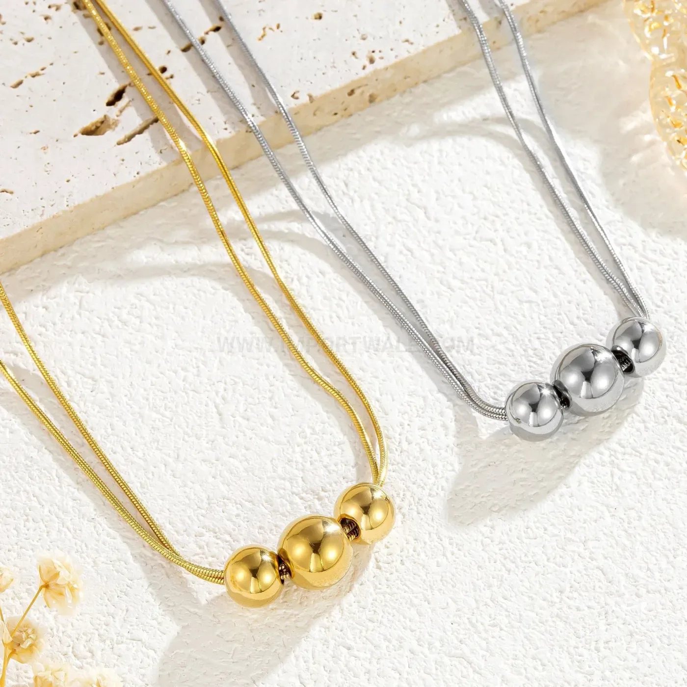Double Layer Titanium Steel Snake Chain Choker with Metallic Spheres