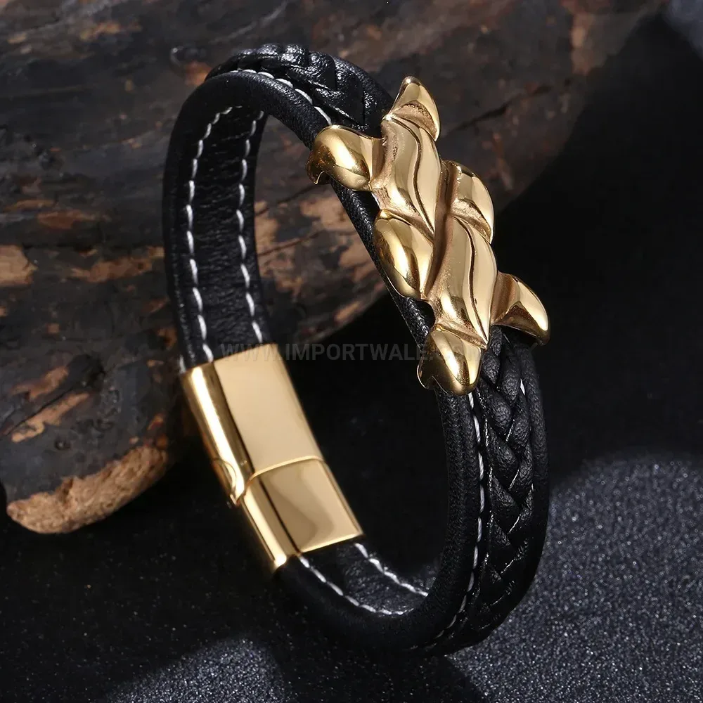 Braided Leather Gold Tone Stainless Steel Men's Cuff Bracelet