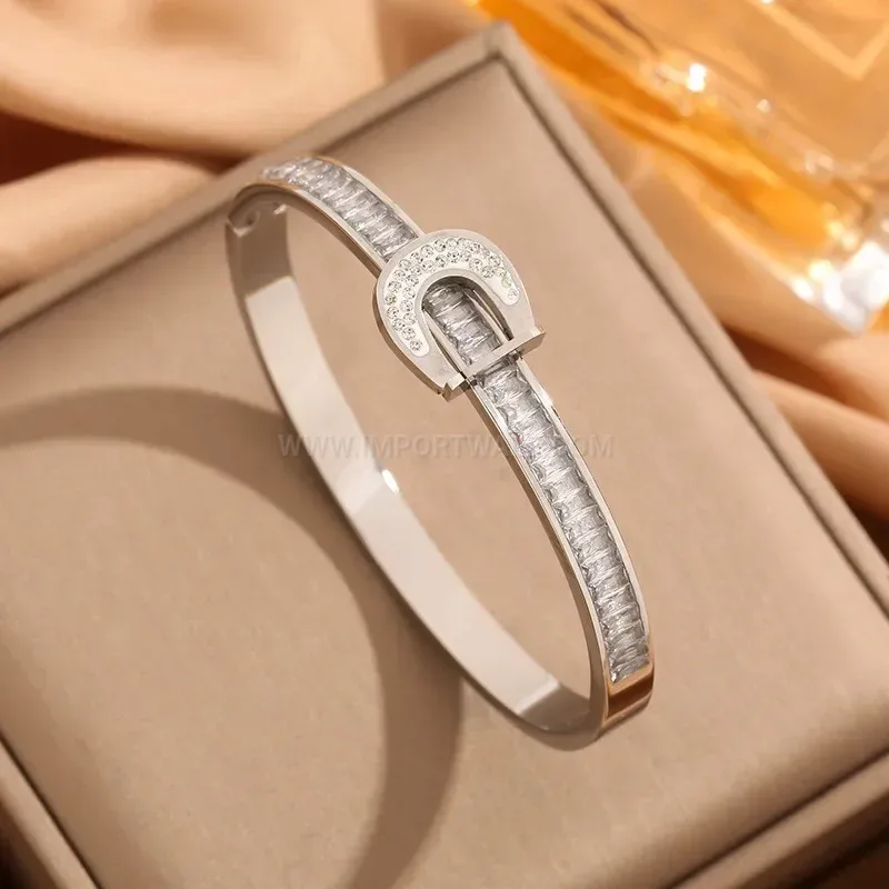 Elegant Crystal Pavé U-Shape Titanium Steel Bangle Bracelet