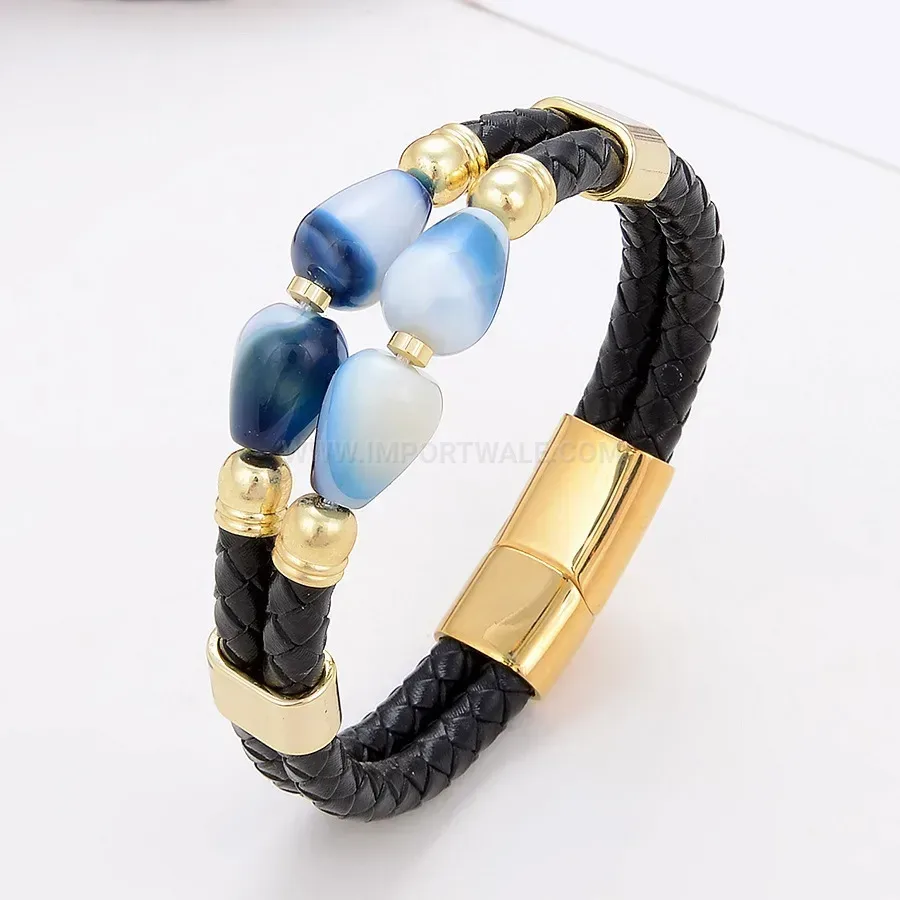 Double-Layer Woven Leather Stone Bracelet with Steel Buckle