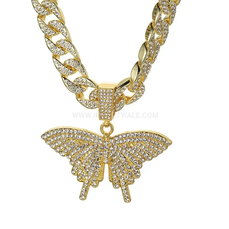 Iced Out Butterfly Alloy Hip Hop Pendant Necklace