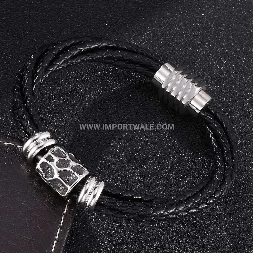 Multi Strand Braided Leather Wristband with Stainless Steel Hardware