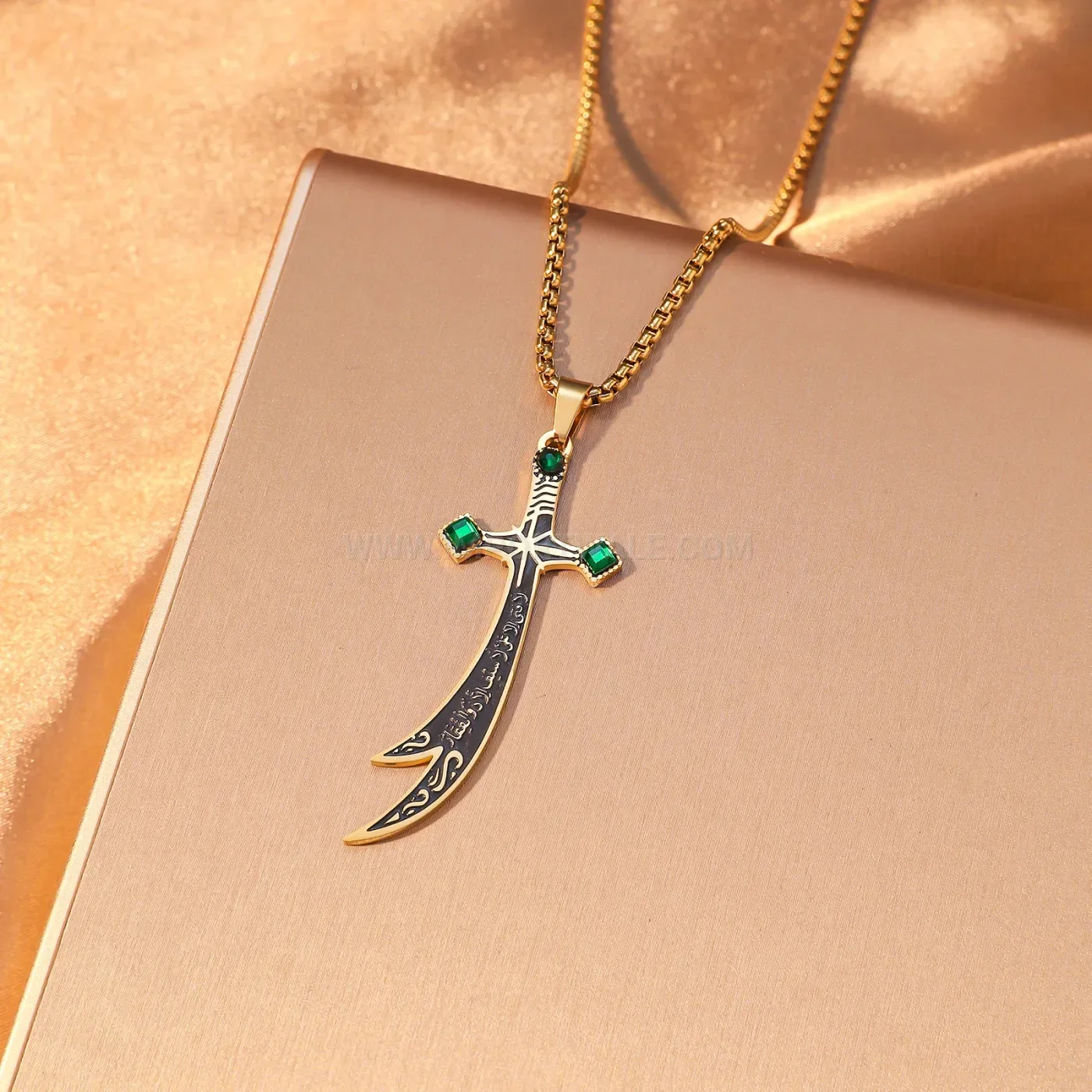 Stainless Steel Islamic Zulfiqar Sword Pendant Necklace with Cubic Zirconia