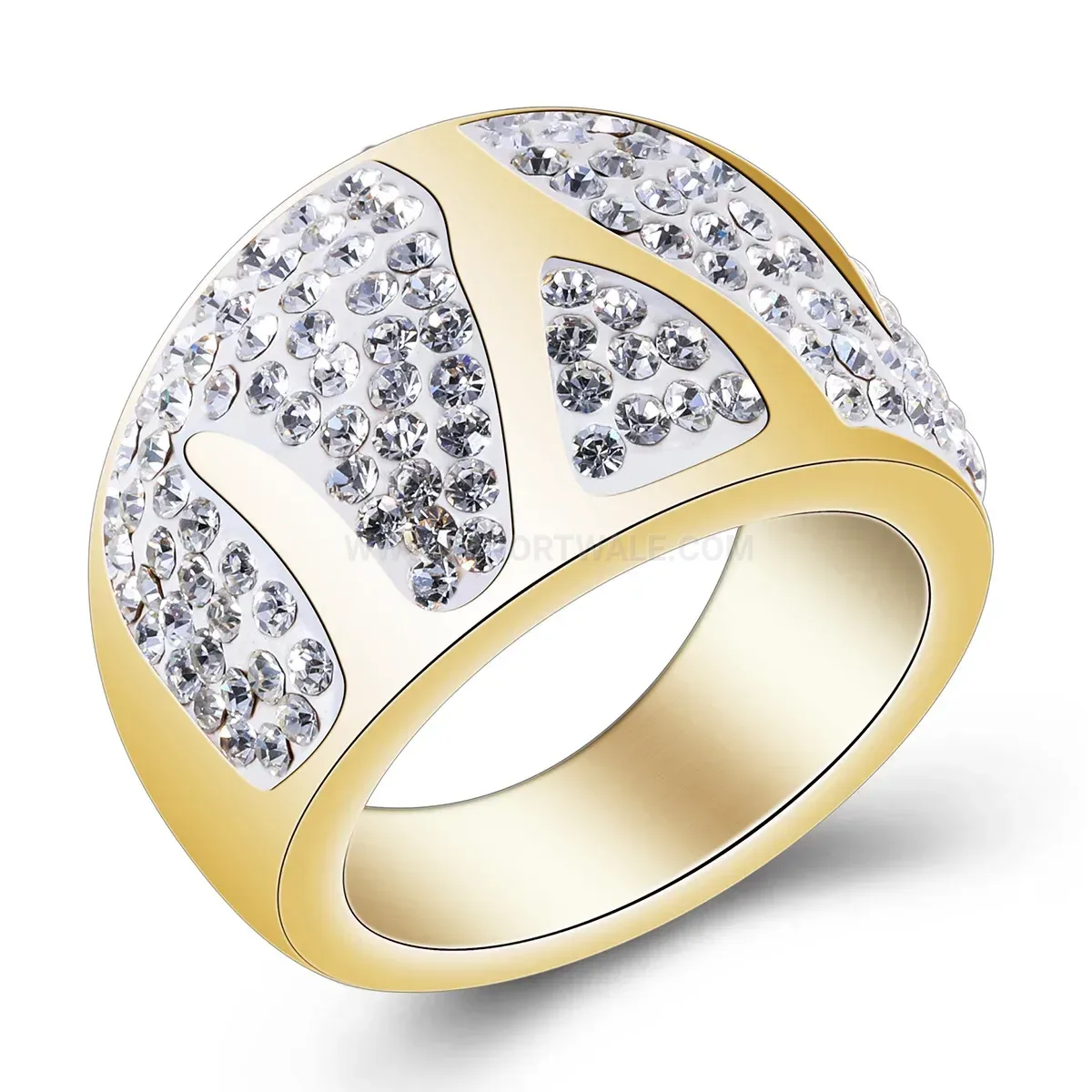 Wave Shaped Gold Plated Stainless Steel Rhinestone Ring