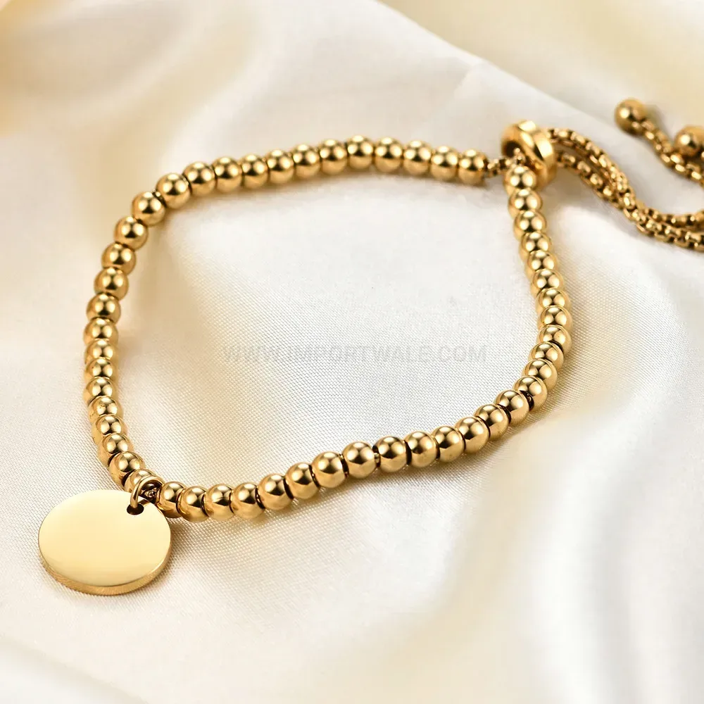 Classic Adjustable Stainless Steel Beaded Chain Bracelet with Engraved Disc