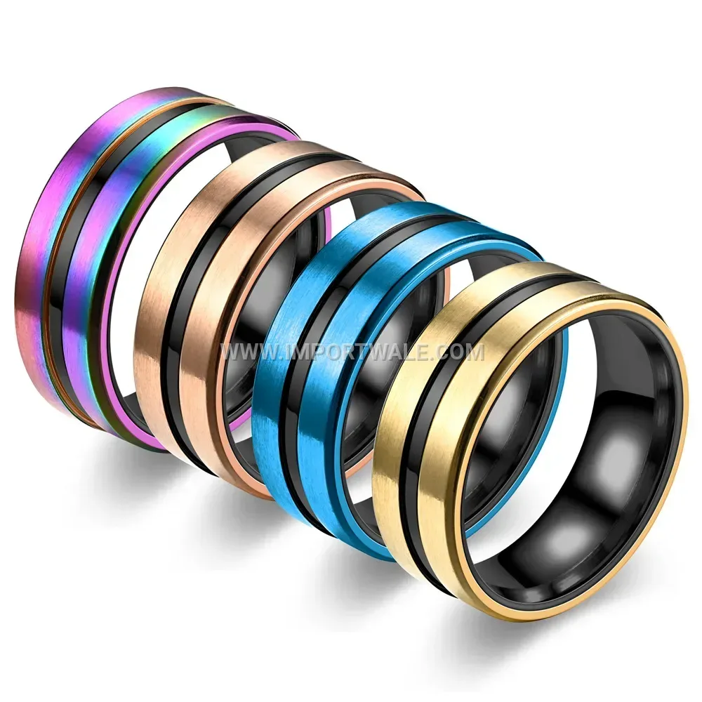 Beveled Grooved Black Stainless Steel Two-Tone Ring