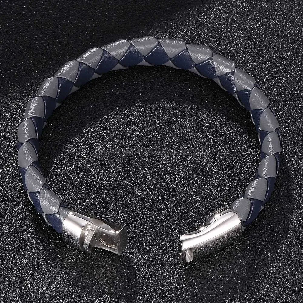Two Tone Braided Leather Stainless Steel Geometric Bracelet