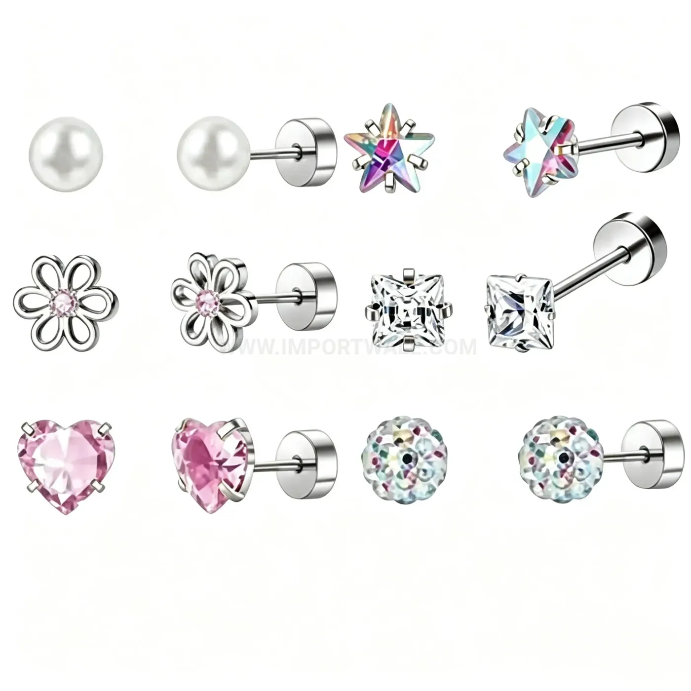 Modern Six-Piece Stainless Steel Pearl Heart Star Flat Back Earring Set