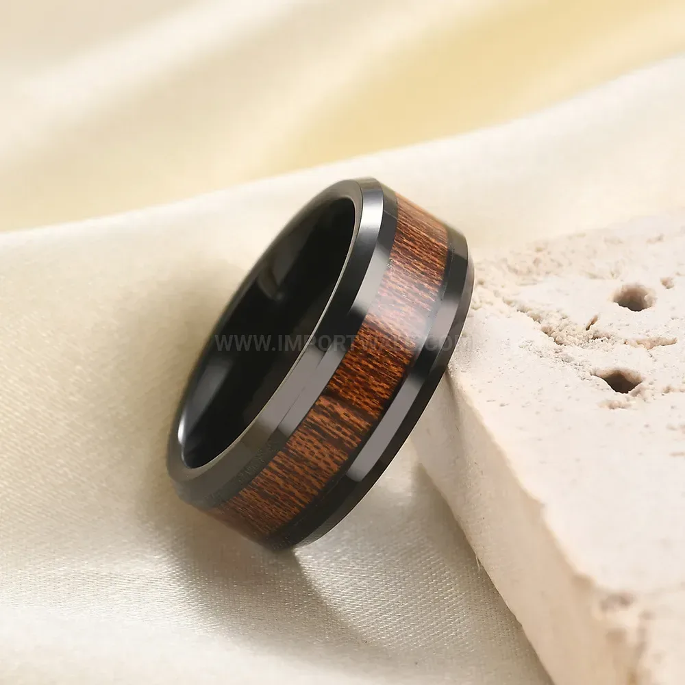 Chic Minimalist Black Wood Grain Stainless Steel Band Ring