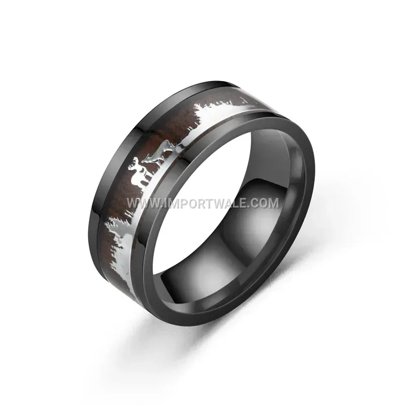 Black Wood Grain Deer Motif Stainless Steel Ring
