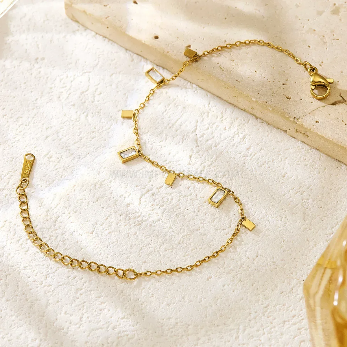 Gold Plated Stainless Steel Square Crystal Charm Bracelet